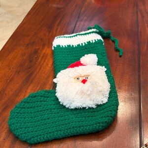 Green crochet knit Christmas Stocking 3d Santa Design vintage boho rare large
